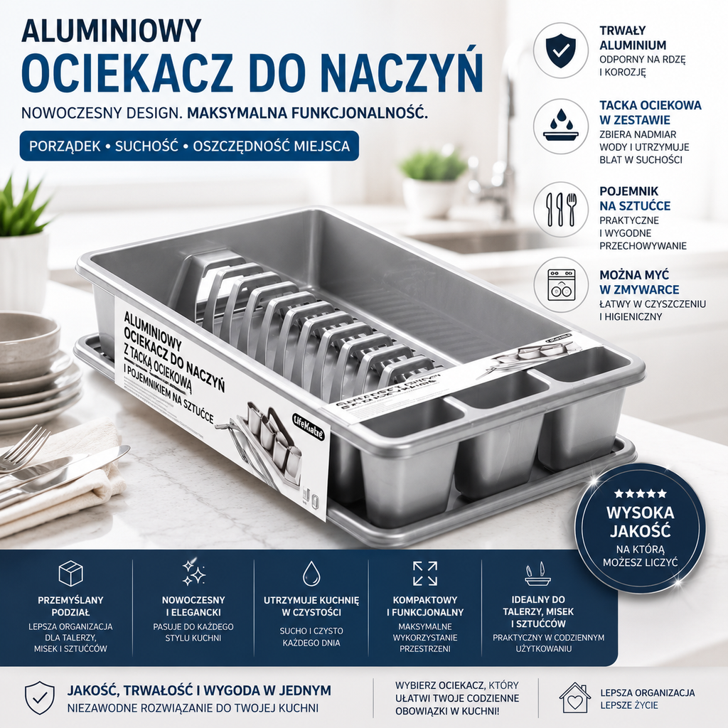 Aluminum dish drainer with drip tray and cutlery holder